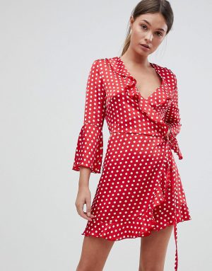 Outrageous Fortune Printed Ruffle Wrap Dress With Fluted Sleeve